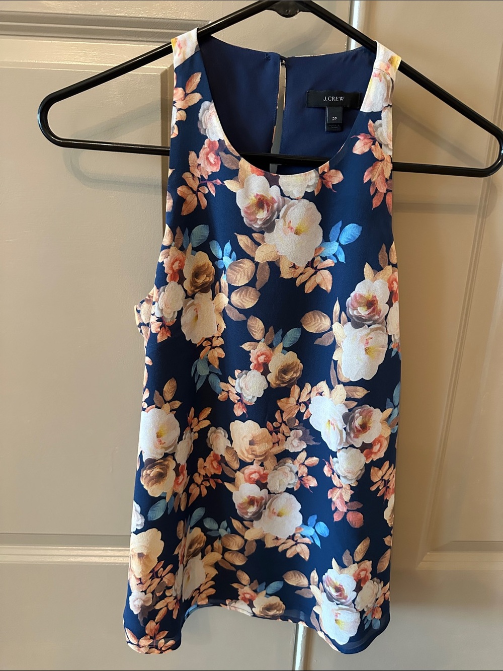 J. Crew 100%silk Navy Floral Sleeveless with Cream and Blush Blossoms sz 2